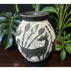 Mata Ortiz Pottery Olla Vase Jonathan Villa Deer Cactus Folk Art Mexican Ceramic